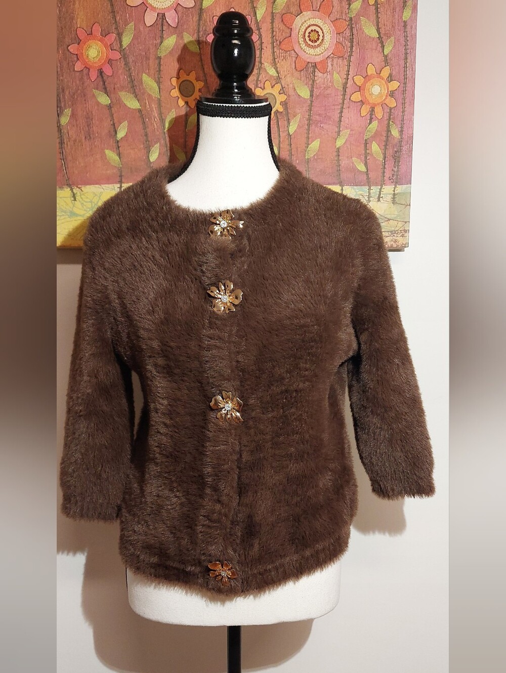 Zara Brown Faux Fur Teddy Jacket with Floral Jeweled Buttons